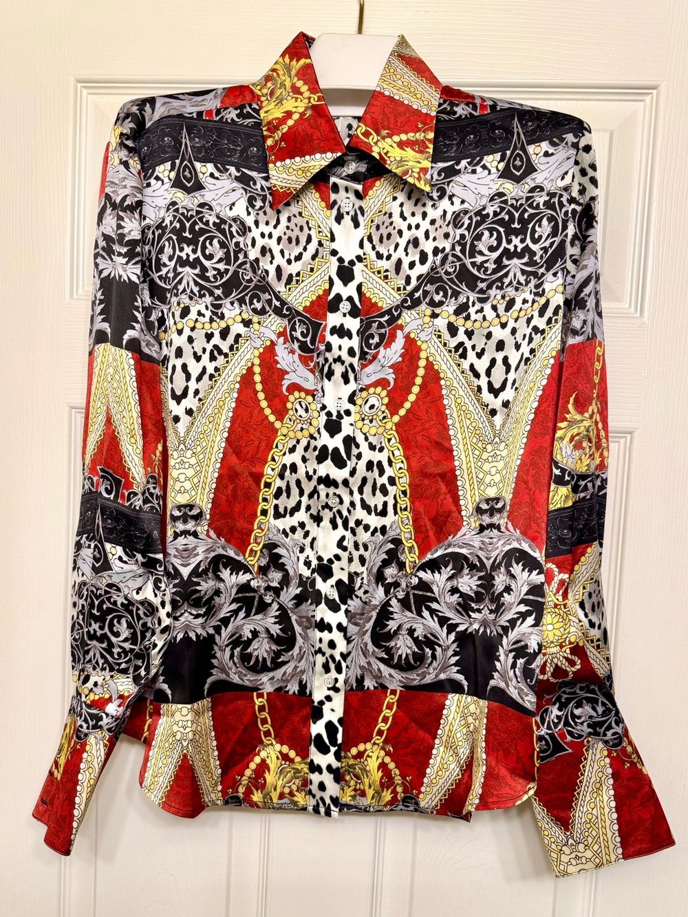 Tyler Böe 100% Silk Animal Leopard Chain Scarf Print Button Down Blouse Top 8